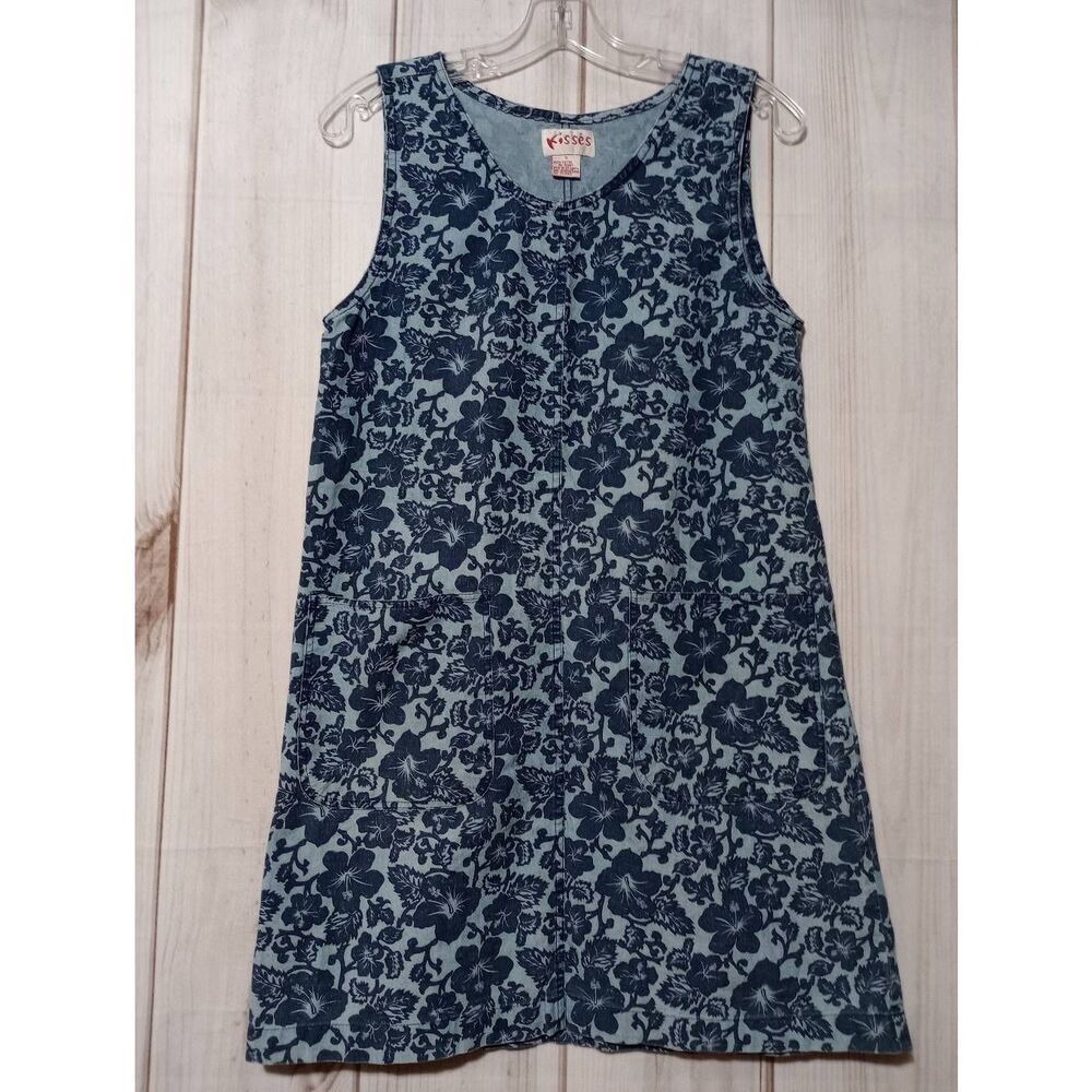 Kisses Dress Ladies Small Blue Floral‎ Sleeveless Chambray Knee Length
